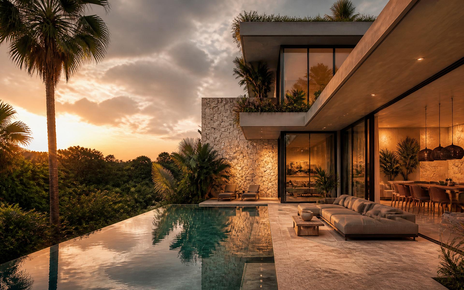 Villa de lujo en el sureste mexicano al atardecer